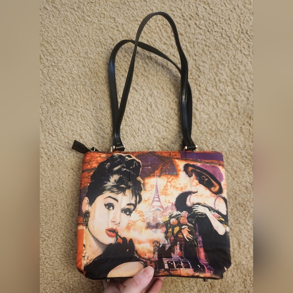 Vtg Audrey Hepburn Shoulder Bag Purse Girl Portrait Red Black #MM - Picture 2 of 5